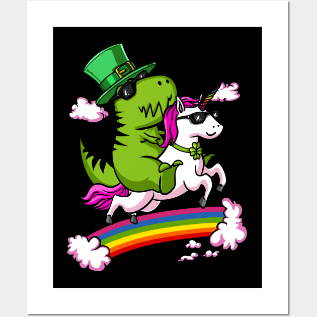 Leprechaun T-Rex Dinosaur Riding Unicorn St Patricks Day Irish Wall Art by underheaven